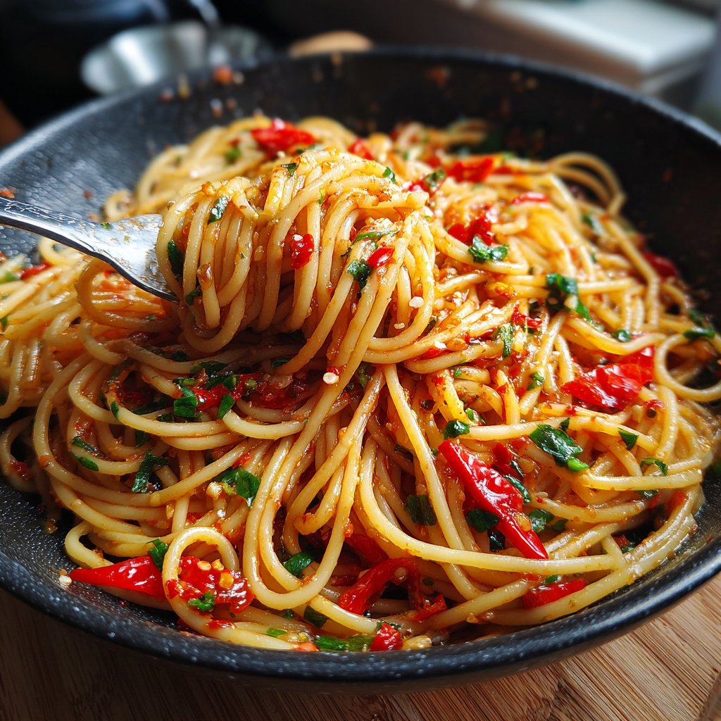 Spaghetti mit Chili und Knoblauchöl
