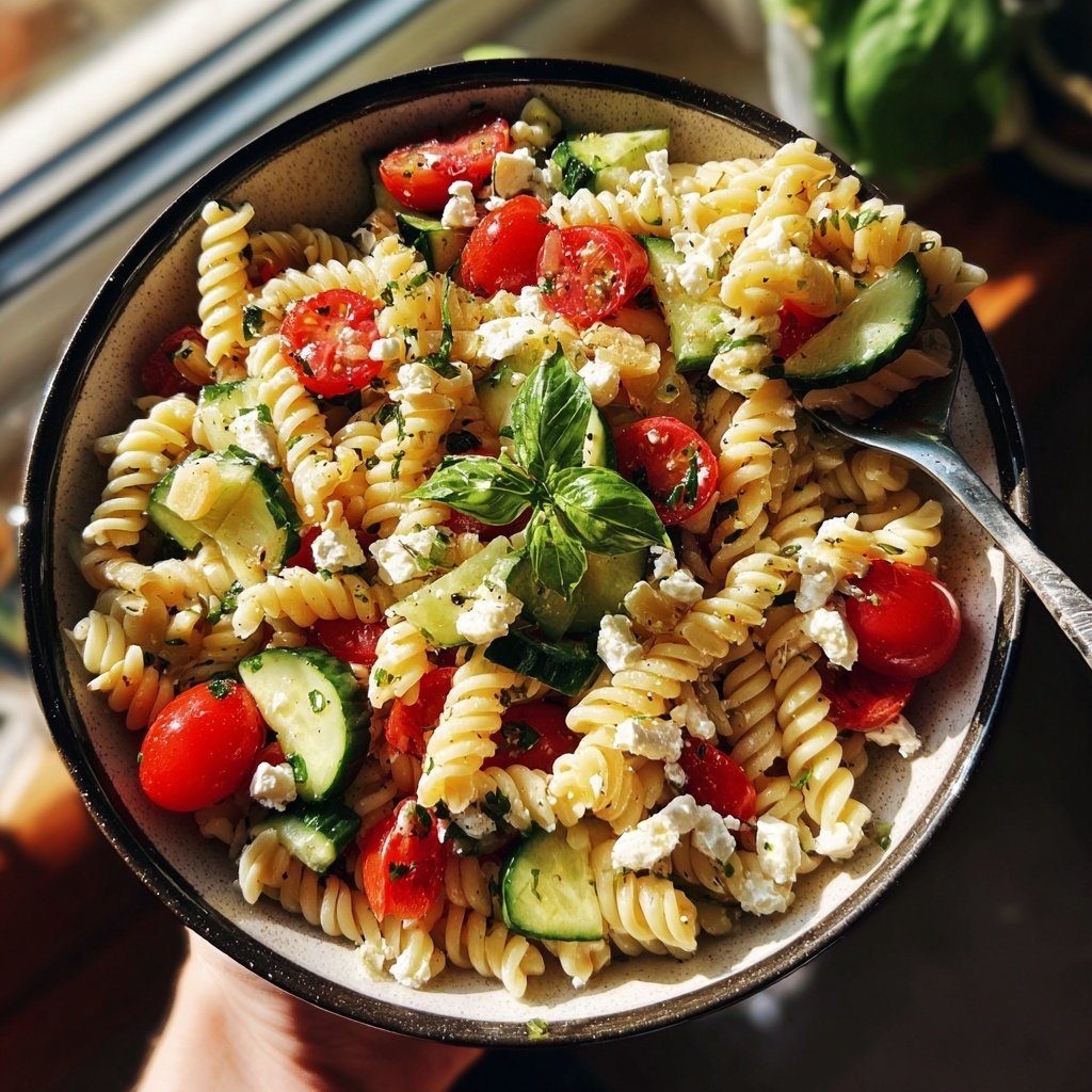 Mediterraner Nudelsalat Mit Basilikum