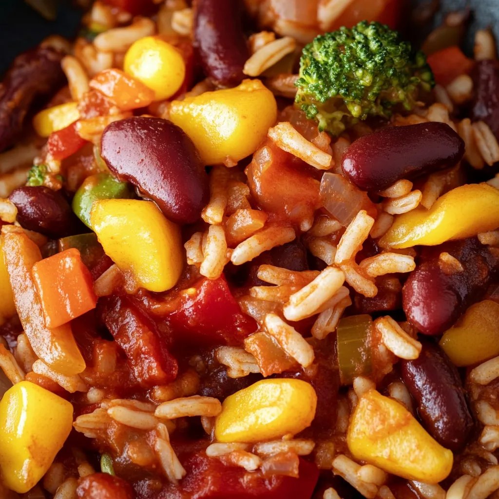 Vegetarische Reispfanne mit Kidneybohnen, Mais und Paprika